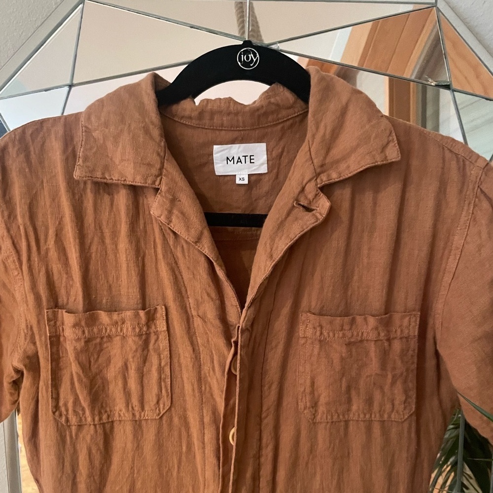 MATE the Label linen short sleeve jumpsuit XS, “Sedona” (tan) sold out online.